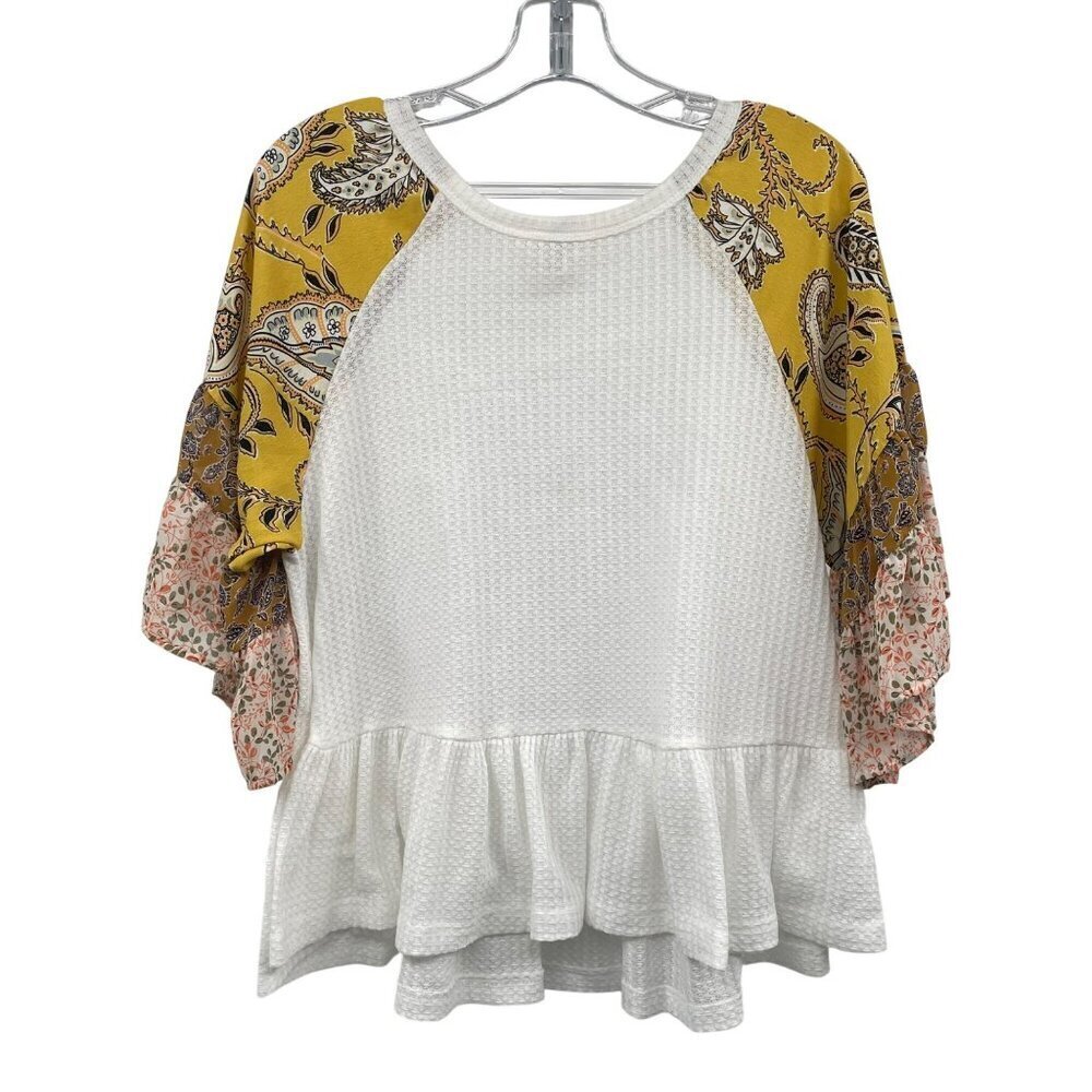 Umgee Womens 3/4 Sleeve Top Mixed Media Ruffle Hem Size Small